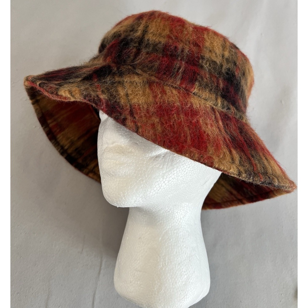 Maurices Red Plaid Bucket Hat Winter Wool Polyester Cotton